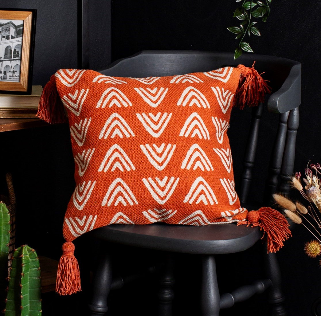 Sass & Belle Boho Triangles Block Print Cushion - Terracotta - WanderbugUK