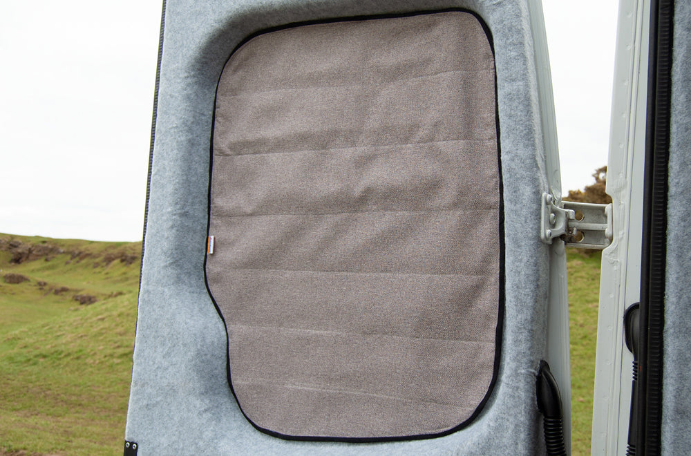 Large Vans - Rear Barn Door Campervan Window Blind Cover Set - Tweed Cream - WanderbugUK