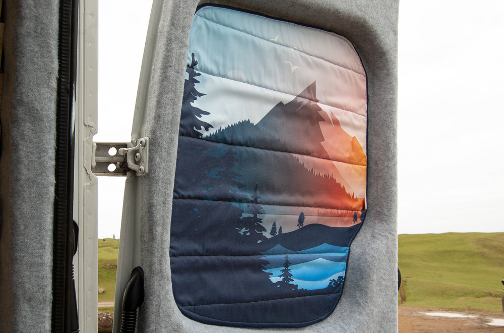Larger Vans - Rear Barn Door Campervan Window Blind Cover Set - Mountain View - WanderbugUK