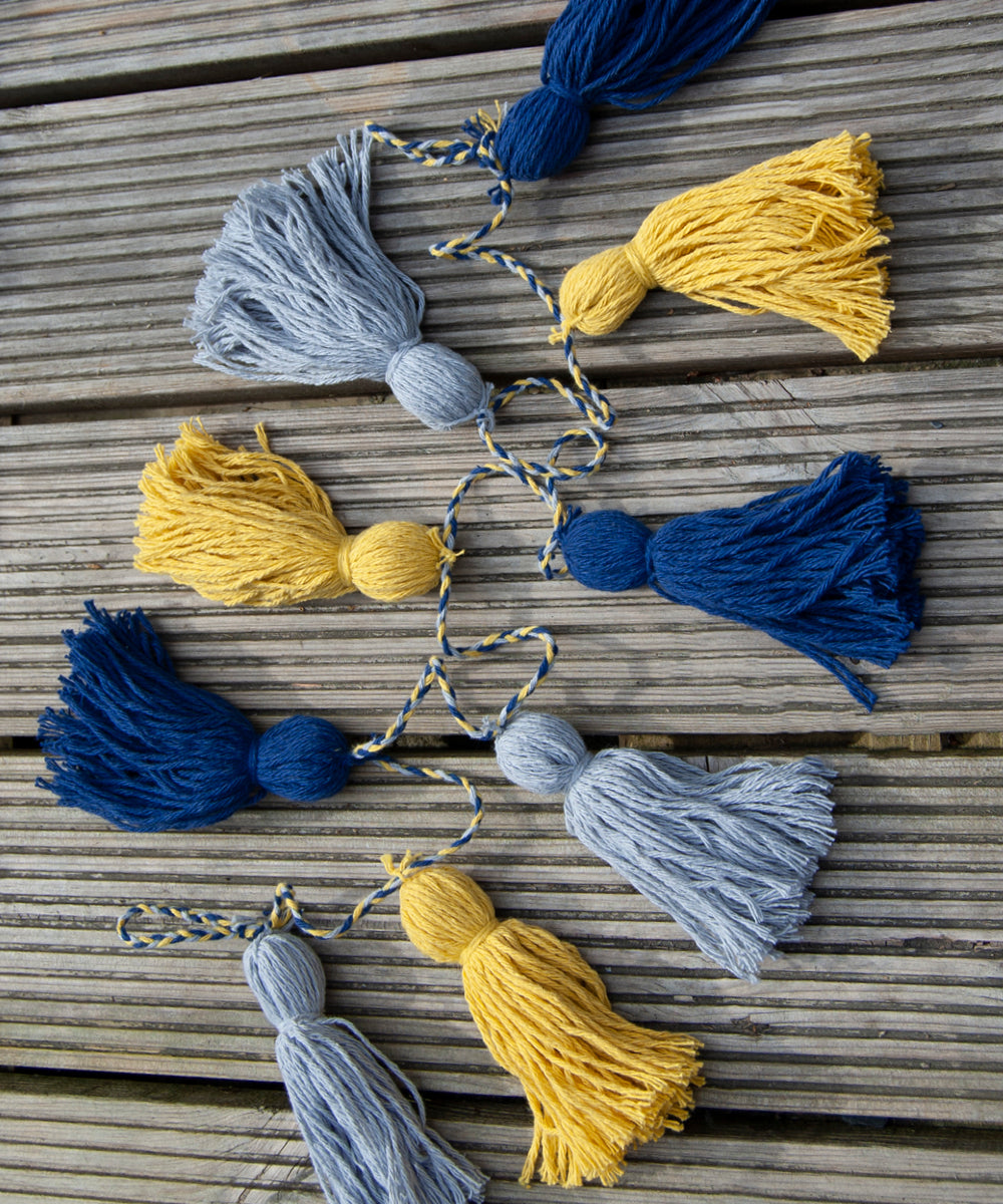 Tassel Garland - Recycled yarn - Blue, yellow, grey - WanderbugUK