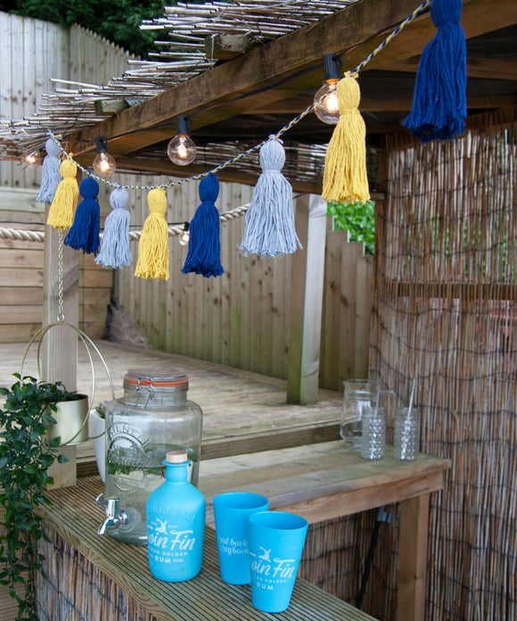 Tassel Garland - Recycled yarn - Blue, yellow, grey - WanderbugUK