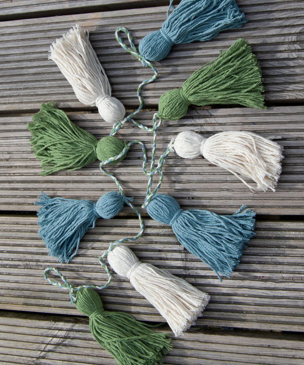Tassel Garland - Recycled yarn - Forest Green, Teal, Ivory - WanderbugUK