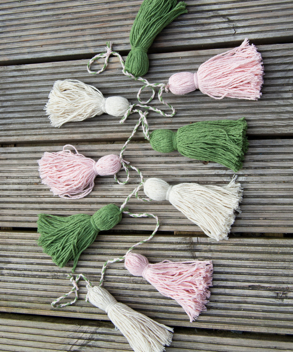 Tassel Garland - Recycled yarn - Forest Green, Baby Pink, Ivory - WanderbugUK